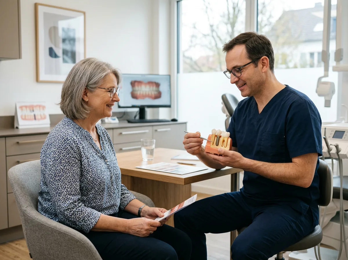 Dentist using a jaw model to explain bone grafting for dental implants
