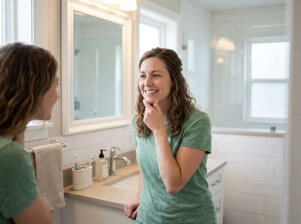 Adult looking in a mirror while considering ways to improve their smile