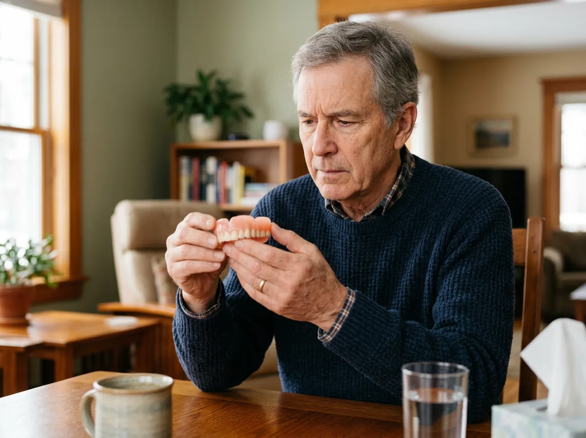 Older adult carefully examining a damaged removable denture