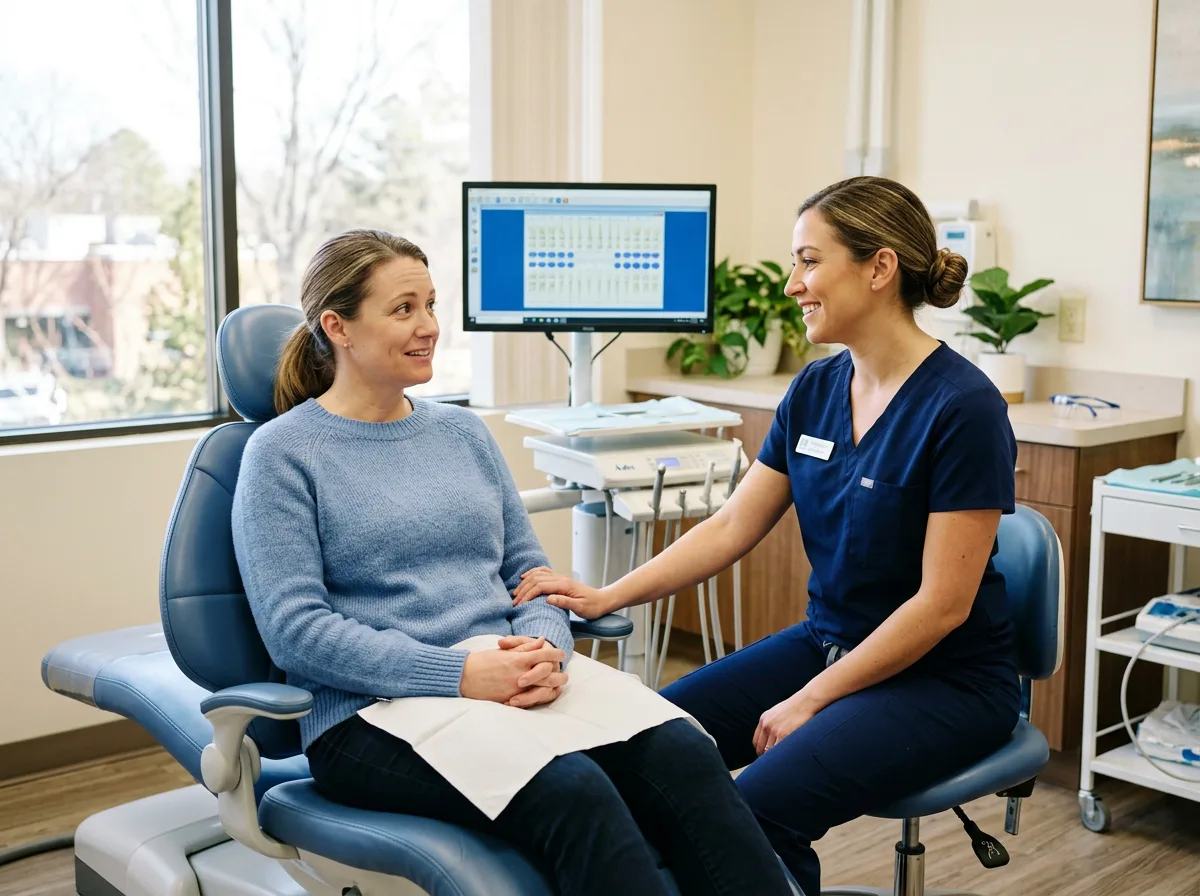 Nervous patient receiving reassurance from a dentist before treatment