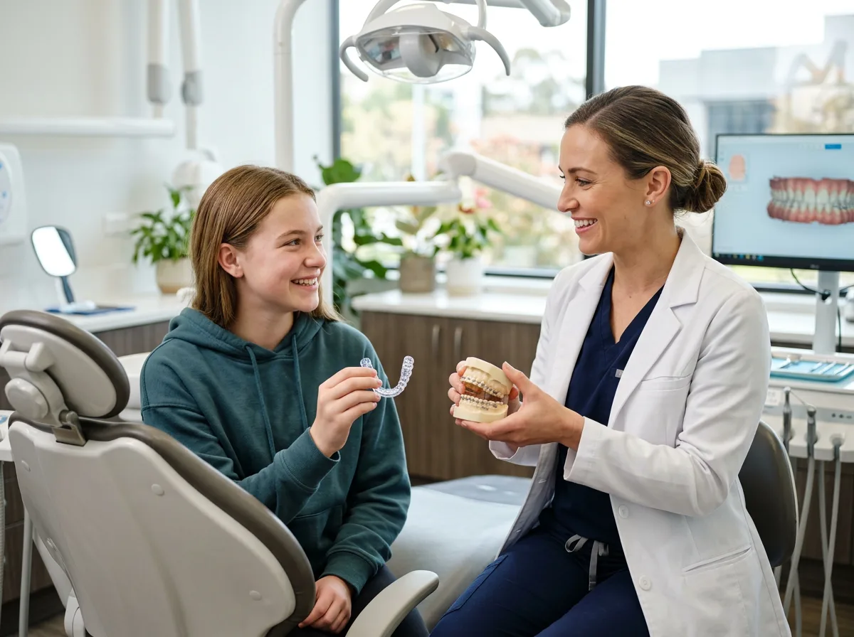 Young patient comparing clear aligners and traditional braces with a dentist