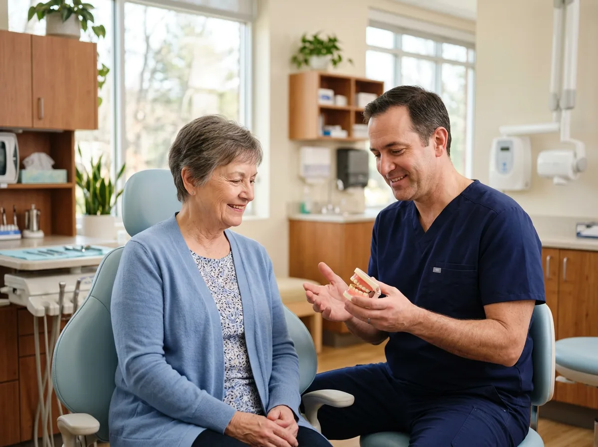 Older adult discussing options for replacing missing teeth with a dentist