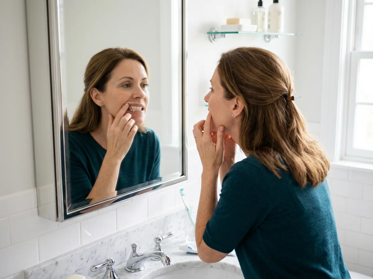 Adult examining their gumline in a mirror for signs of receding gums