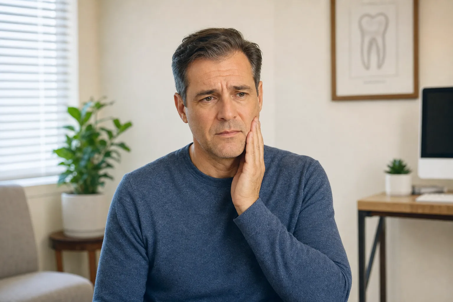 Adult holding their jaw while experiencing persistent tooth discomfort
