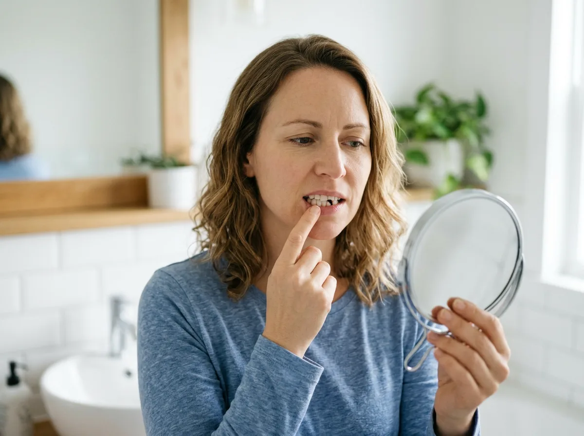 Adult examining a chipped front tooth in a mirror