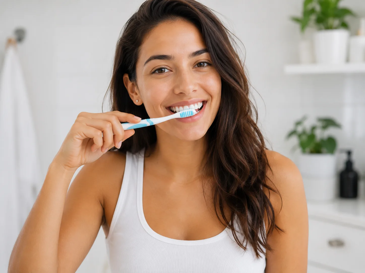 Woman brushing her teeth as part of her daily oral hygiene routine