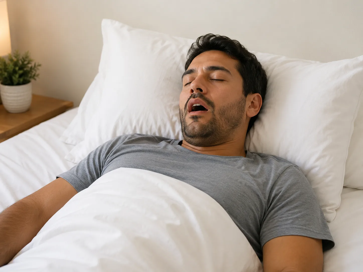 Man sleeping on his back in bed with his mouth slightly open