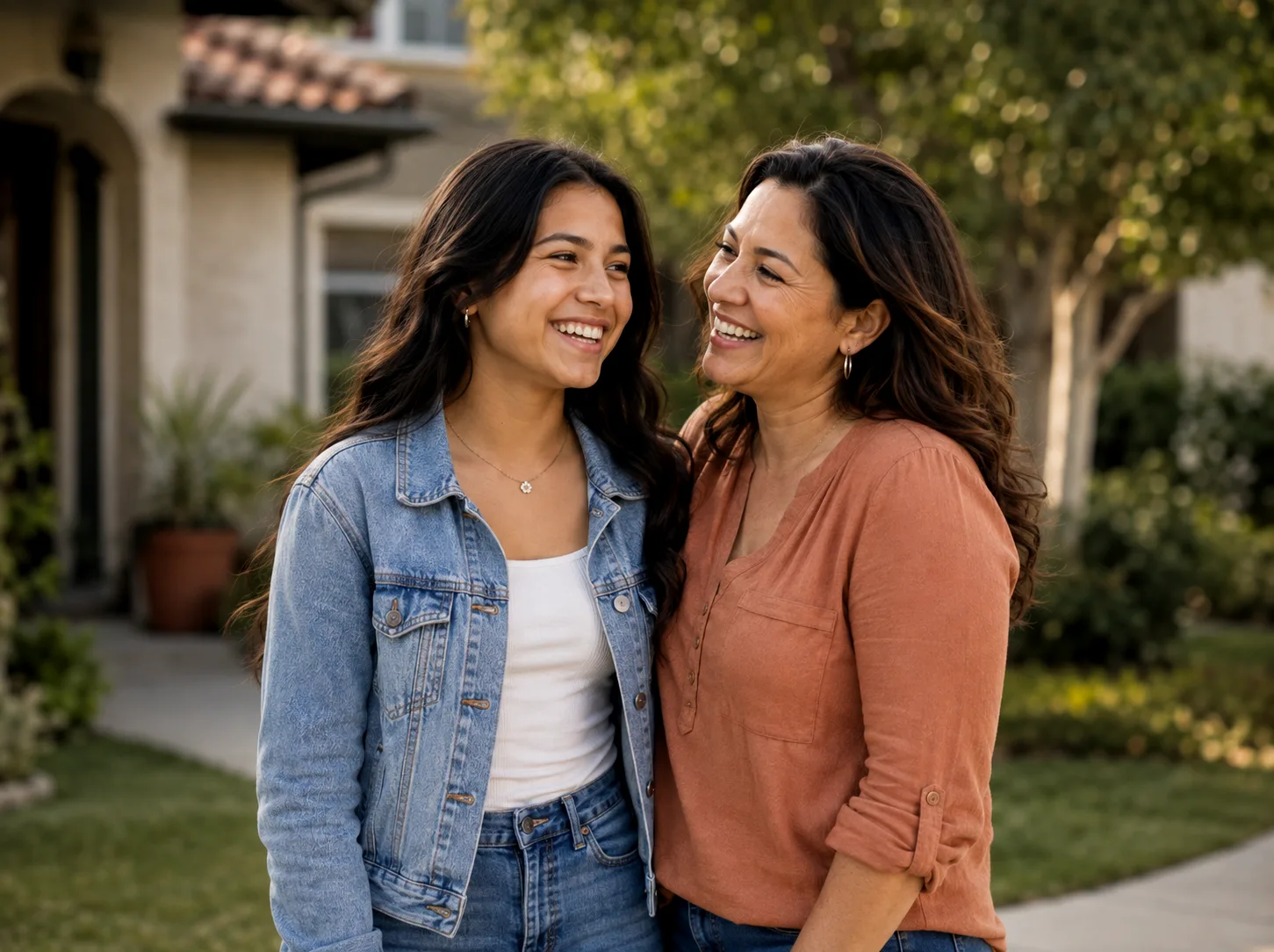Teen girl and her mother laughing together outside their home while considering clear aligner treatment at Advanced Dental of New Windsor in New Windsor NY