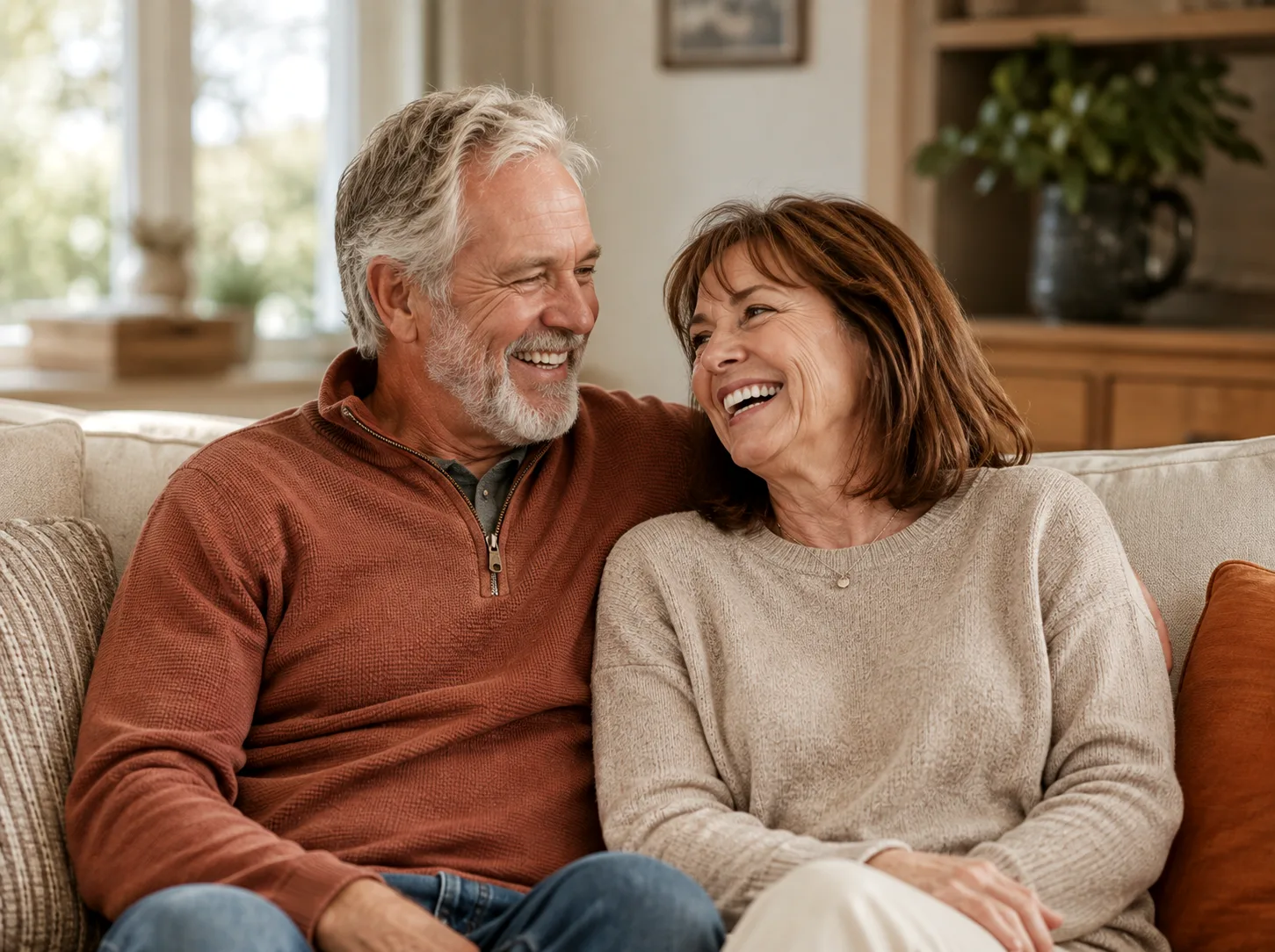 Older couple laughing together at home before starting the denture process at Advanced Dental of New Windsor in New Windsor NY
