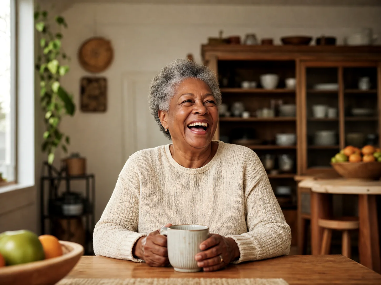 Woman laughing during a relaxed morning at home while adjusting to new dentures, Advanced Dental of New Windsor in New Windsor NY