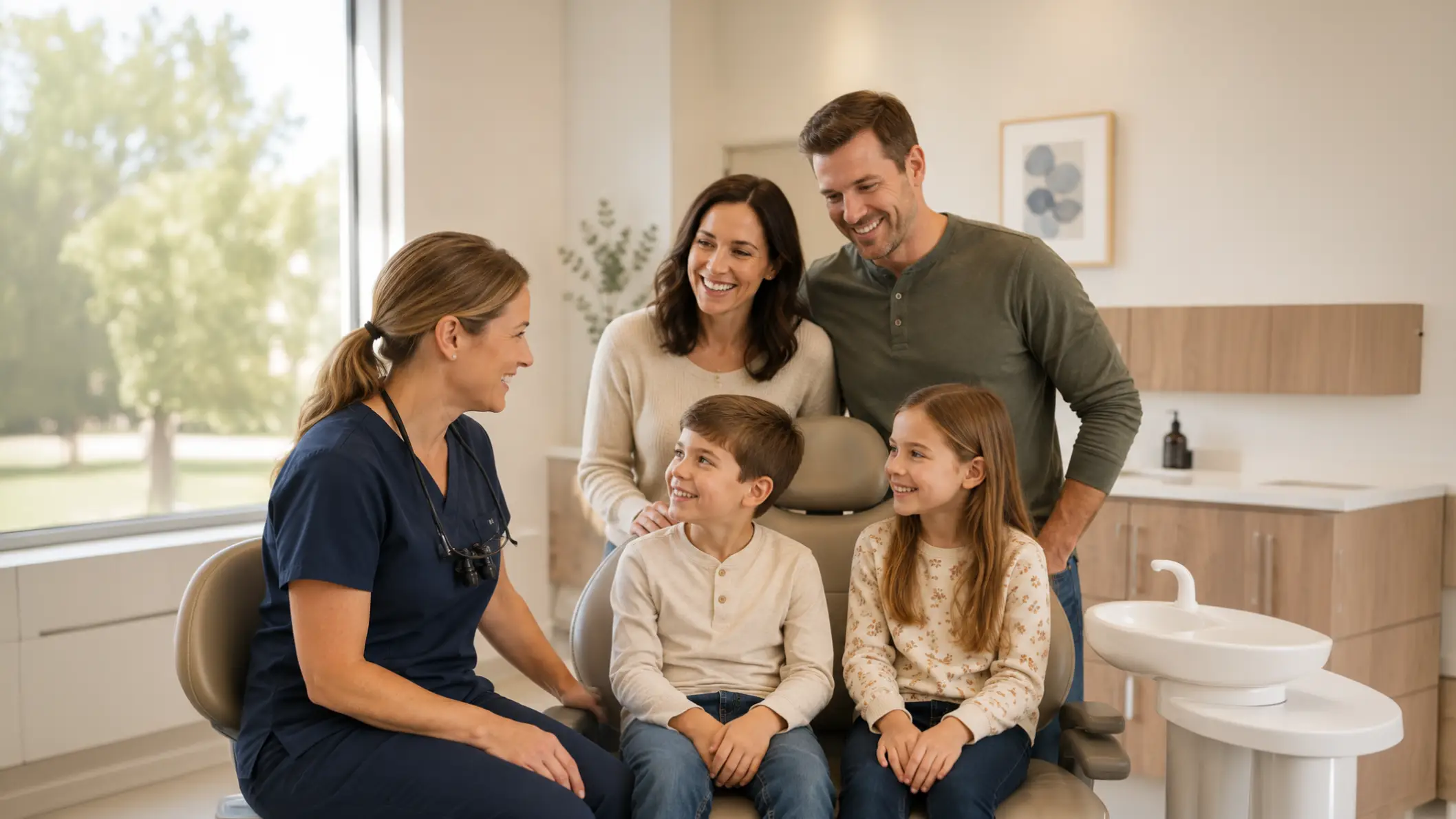 A mother and her young son at a routine dental checkup with a friendly hygienist at Advanced Dental of New Windsor in New Windsor, NY