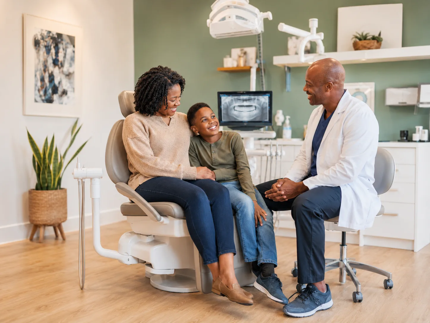 A relieved patient reassured by a dentist after emergency dental care at Advanced Dental of New Windsor in New Windsor, NY
