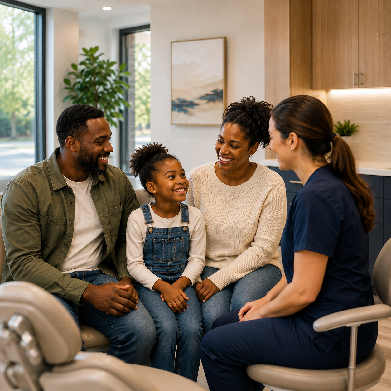 A family with a young daughter smiling and talking with a friendly dental team member during a checkup at Advanced Dental of New Windsor in New Windsor, NY