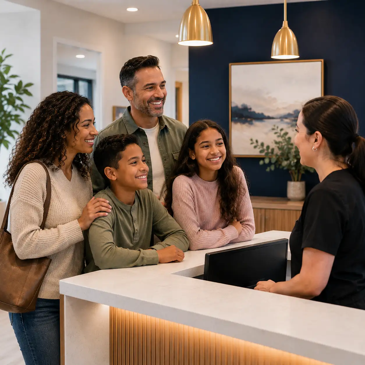 A family of four checking in with a friendly team member at the front desk for a dental checkup at Advanced Dental of New Windsor in New Windsor, NY