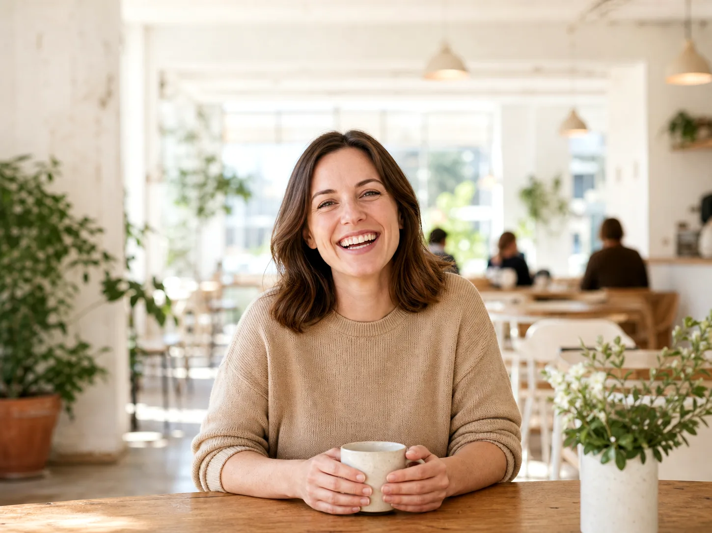 Woman smiling confidently at a cafe after straightening her teeth with clear aligners at Advanced Dental of New Windsor in New Windsor NY