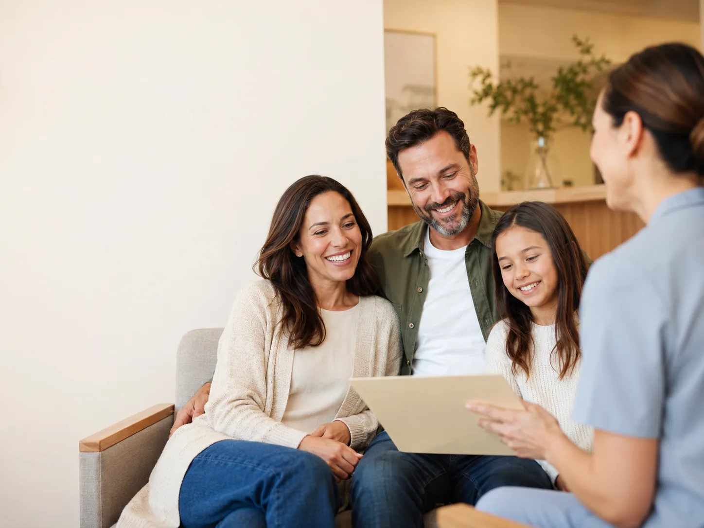 A family with a young daughter reviewing treatment information with a friendly team member at Advanced Dental of New Windsor, a family dentist in New Windsor, NY