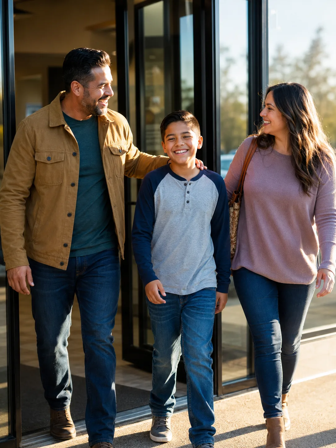 A happy family of three walking up to the entrance at Advanced Dental of New Windsor, a family dentist in New Windsor, NY