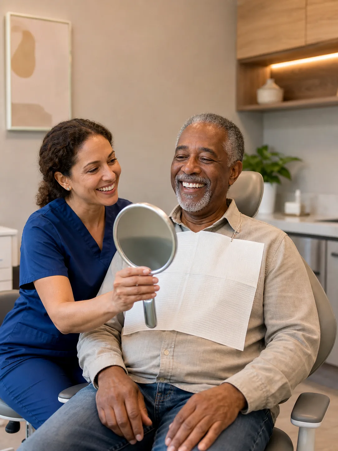 Dentist checking the fit of a new denture with a patient at Advanced Dental in New Windsor NY