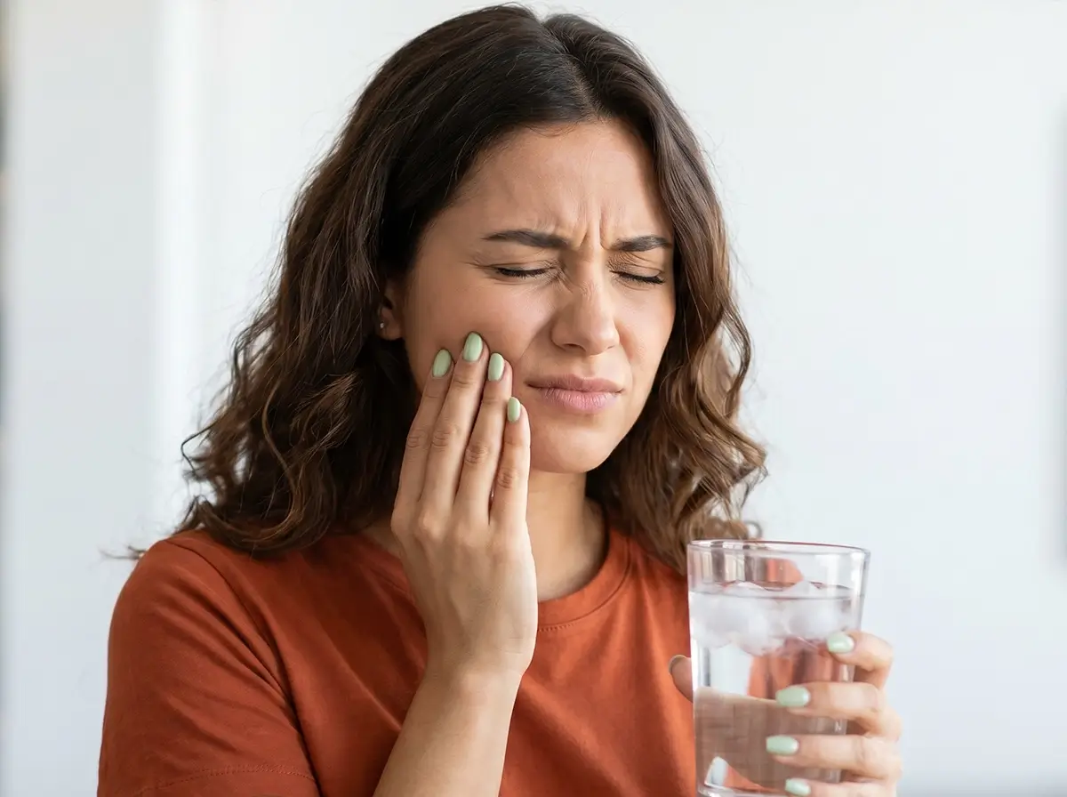 woman holding her cheek with tooth pain